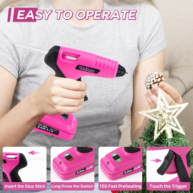 ThinkLearn Cordless Hot Glue Gun, 7.2V Pink 15s Fast Preheating Glue Gun Set with 25PCS Mini Glue Sticks, Rechargeable Wireless Hot Melt Glue Guns for DIY, Arts&Crafts, Decoration, Gift for Women - Image 2